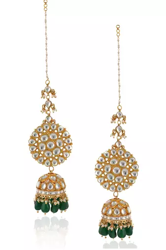 White Round Big Tops With Jhumki With Green Beads With Atteched