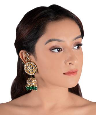 White Round Big Tops With Jhumki With Green Beads With Atteched 1