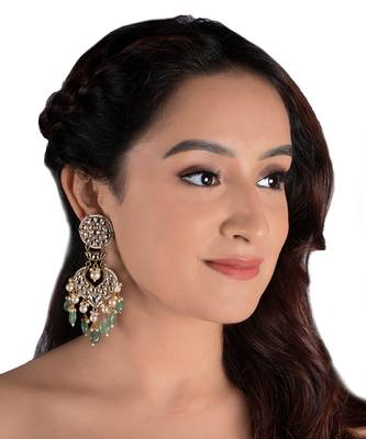 White Jadtar Stone Earrings With 2 Layer Pearl Sea Green Beads Beads 1