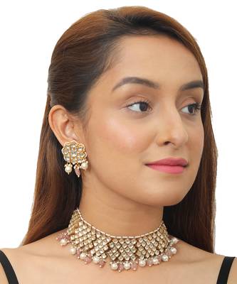 White Stone And Light Pink Beads Choker Set 1