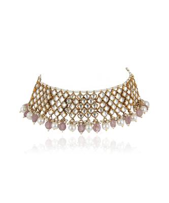 White Stone And Light Pink Beads Choker Set 3