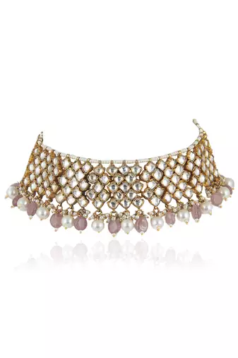 White Stone And Light Pink Beads Choker Set