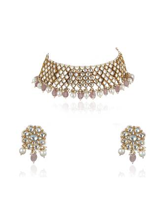 White Stone And Light Pink Beads Choker Set 5