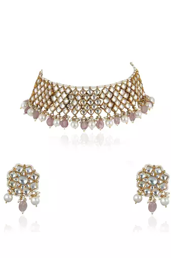 White Stone And Light Pink Beads Choker Set