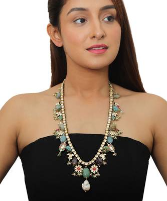 Sea Green Beads White Pearl And Jadtar Stone Necklace 1