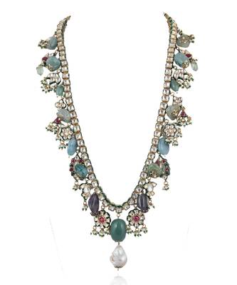 Sea Green Beads White Pearl And Jadtar Stone Necklace 2