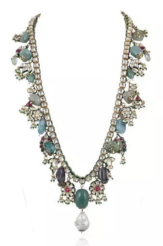 Sea Green Beads White Pearl And Jadtar Stone Necklace