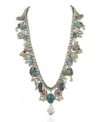 Sea Green Beads White Pearl And Jadtar Stone Necklace 3