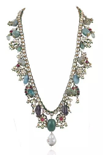 Sea Green Beads White Pearl And Jadtar Stone Necklace
