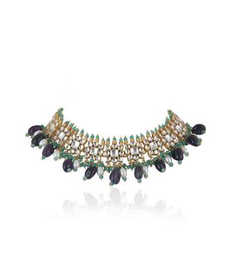 Square Shape White Jadtar Stone With Purple Beads Necklace Set 2