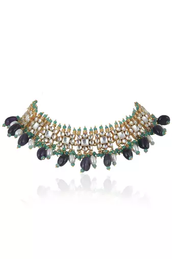 Square Shape White Jadtar Stone With Purple Beads Necklace Set
