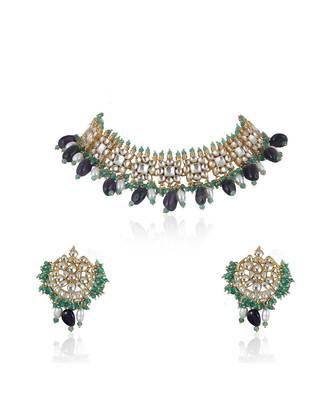 Square Shape White Jadtar Stone With Purple Beads Necklace Set 4