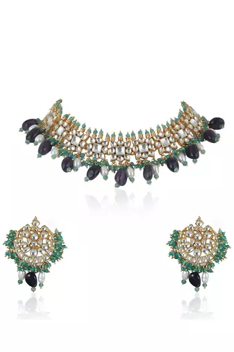 Square Shape White Jadtar Stone With Purple Beads Necklace Set
