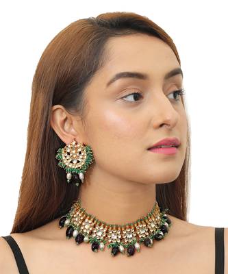 Square Shape White Jadtar Stone With Purple Beads Necklace Set 5