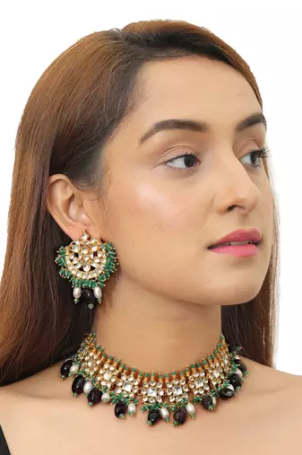 Square Shape White Jadtar Stone With Purple Beads Necklace Set
