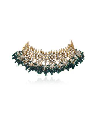 White Jadtar Stone With Small Green Beads Necklace Set 2