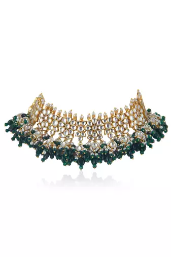 White Jadtar Stone With Small Green Beads Necklace Set