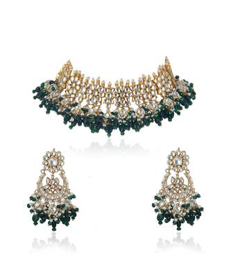 White Jadtar Stone With Small Green Beads Necklace Set 3