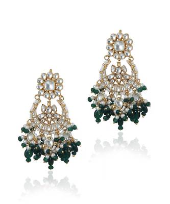 White Jadtar Stone With Small Green Beads Necklace Set 4
