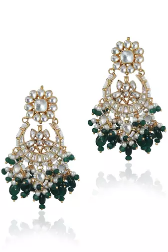 White Jadtar Stone With Small Green Beads Necklace Set