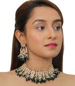 White Jadtar Stone With Small Green Beads Necklace Set