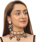 Red Moti Work With Jadtar Stone Necklace Setnwith Sea Green Beads And Blue Beads