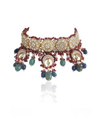 Red Moti Work With Jadtar Stone Necklace Setnwith Sea Green Beads And Blue Beads 3