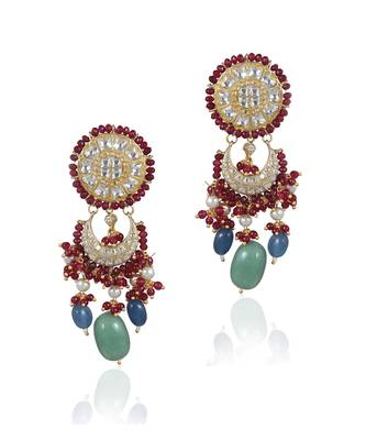 Red Moti Work With Jadtar Stone Necklace Setnwith Sea Green Beads And Blue Beads 4