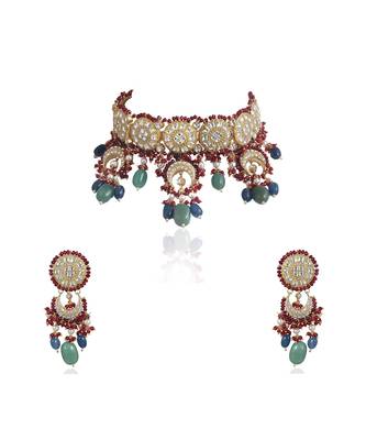 Red Moti Work With Jadtar Stone Necklace Setnwith Sea Green Beads And Blue Beads 5