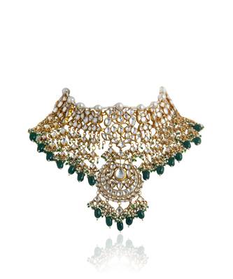 White Stone Heavy Necklace Set With Emerald Green Beads 3