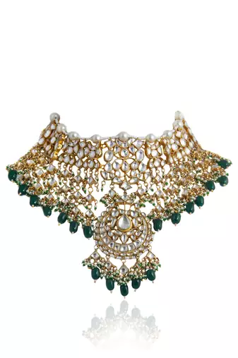 White Stone Heavy Necklace Set With Emerald Green Beads