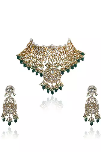 White Stone Heavy Necklace Set With Emerald Green Beads