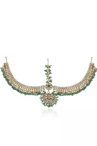 White Jadtar Stones Sea Green Mathapatti
