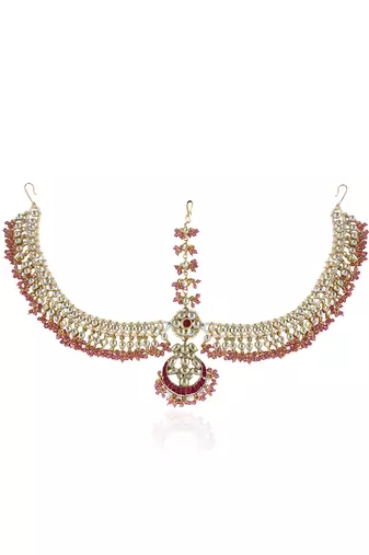 Pastel Pink And White Jadtar Stones Matha Patti