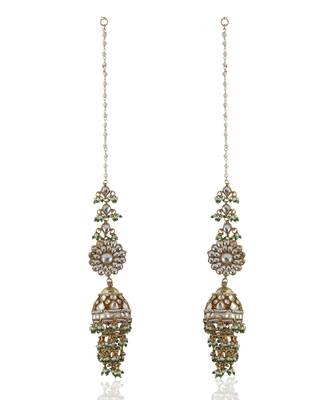 White Jadtar Small Jadtar Stone Earrings Jhumki With White And Green Hangings Ear Chain Attached 2
