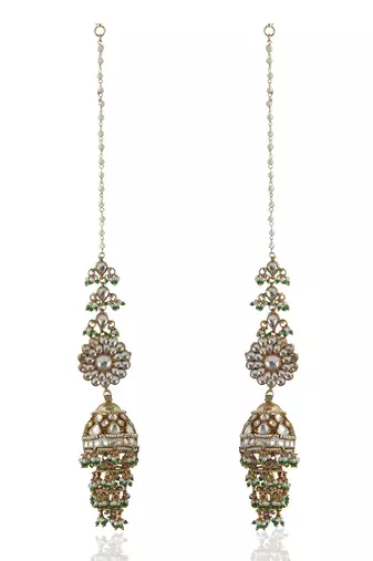 White Jadtar Small Jadtar Stone Earrings Jhumki With White And Green Hangings Ear Chain Attached
