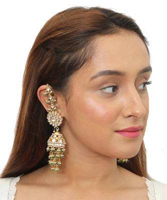 White Jadtar Small Jadtar Stone Earrings Jhumki With White And Green Hangings Ear Chain Attached 1