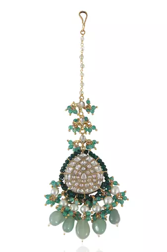 White Tikka Green Moti Work And Sea Green Beads With Pearl.