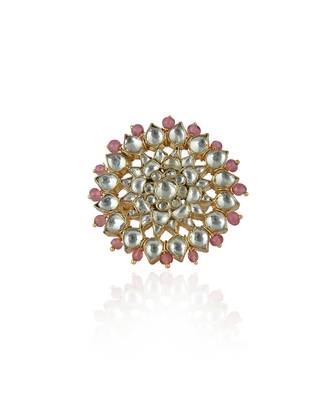 White Jadtar And Light Pink Beads Floral Ring 2