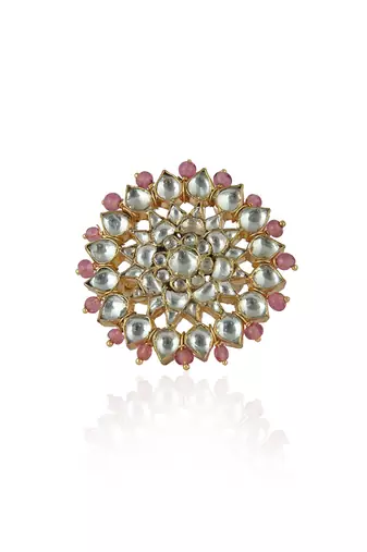 White Jadtar And Light Pink Beads Floral Ring