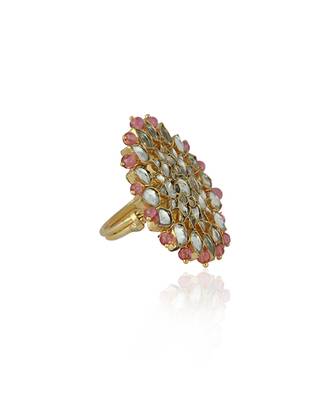 White Jadtar And Light Pink Beads Floral Ring 3