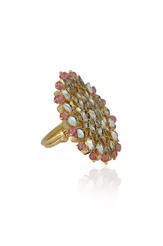 White Jadtar And Light Pink Beads Floral Ring