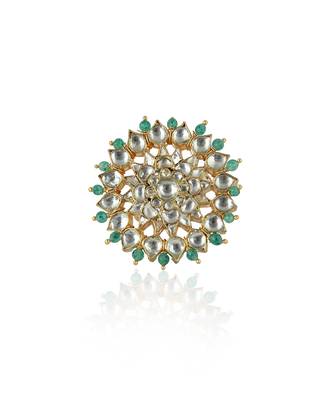 White Jadtar And Light Green Beads Floral Ring 2