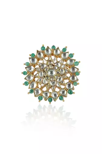 White Jadtar And Light Green Beads Floral Ring