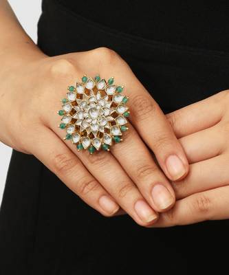 White Jadtar And Light Green Beads Floral Ring 1
