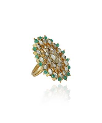 White Jadtar And Light Green Beads Floral Ring 3