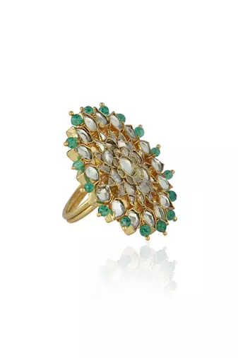 White Jadtar And Light Green Beads Floral Ring