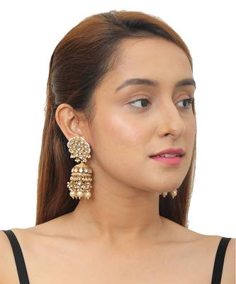 Yellow And White Jadtar Stone Double Necklace Set With Stone Hangingsand Pearls 1
