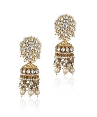 Yellow And White Jadtar Stone Double Necklace Set With Stone Hangingsand Pearls 2