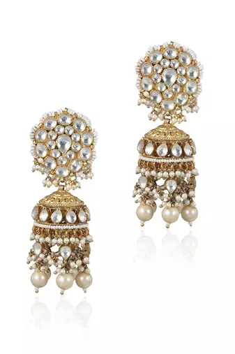 Yellow And White Jadtar Stone Double Necklace Set With Stone Hangingsand Pearls